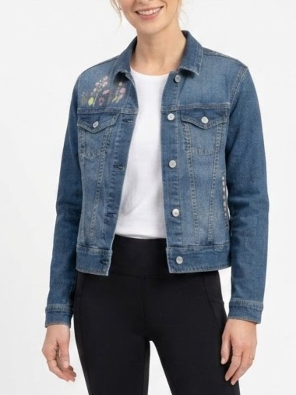 LuLaRoe Women's Denim Jacket XXS Hand Embroidered Floral Jean Trucker Stretch